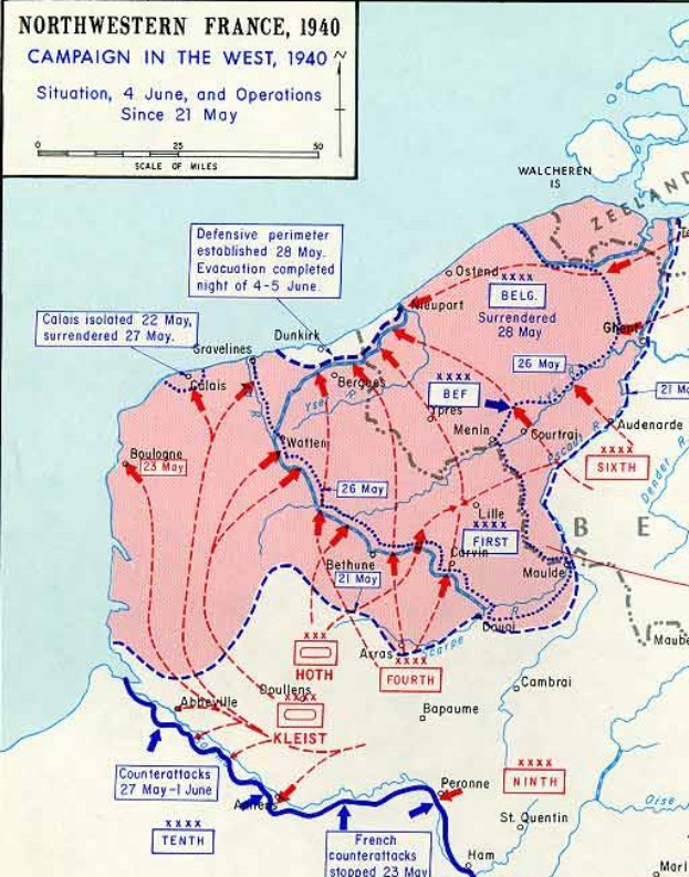 Plakat, das eine detaillierte Karte von Nordfrankreich während des Westfeldzugs 1940 zeigt, mit Text und Zahlen versehen.