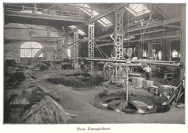 Schwarzes und weißes Foto einer Fabrikhalle mit Arbeitern an Maschinen, umgeben von Metallstangen und -pfählen, beschriftet mit "Neue Eisengießerei, die erste Fabrik in Deutschland" unten.