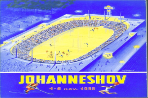 Plakat für ein Hockey-Spiel in Johannesburg aus dem Jahr 1955, das ein volles Stadion mit Bäumen und Lichtern zeigt, begleitet von Text und Zahlen.