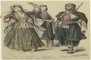 Ein Mann und zwei Frauen in traditioneller russischer Kleidung aus dem 19. Jahrhundert, wobei der Mann eine Waffe hält und russischer Text am unteren Rand.