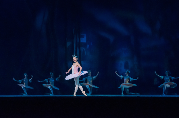 Eine Ballerina in rosa Tutu und Spitzenschuhen tanzt anmutig auf der Bühne, umgeben von anderen ähnlich gekleideten Tänzern, mit einem dunklen Hintergrund, der eine dramatische Atmosphäre schafft.