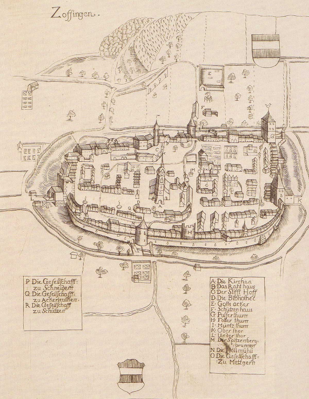 Ein detaillierter alter Stadtplan von Zoffingen, Deutschland, der die Stadtlayout mit Straßen, Gebäuden, Bäumen und begleitendem Text zeigt, der Informationen über die Stadt bereitstellt.