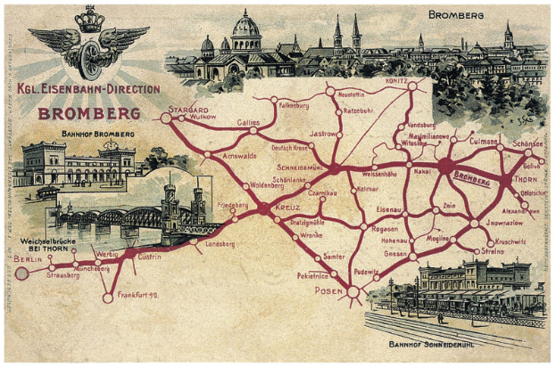 Ein detaillierter Stadtplan von Bromberg, Deutschland, mit Straßen, Sehenswürdigkeiten, Gebäuden, Bäumen und einer Brücke sowie begleitendem Text zur Stadtgeschichte, Kultur und Attraktionen.
