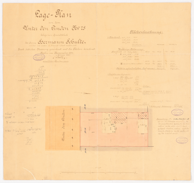 Ein altes Dokument mit einem Lageplan des deutschen Schulte-Gebäudes, einschließlich Text und einem detaillierten Zeichnungsplan des Gebäudes.
