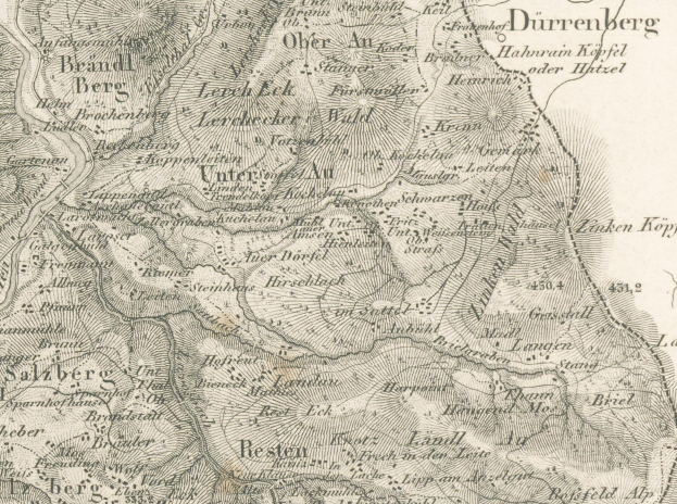 Ein detaillierter alter Stadtplan von Durrenberg, Deutschland, der Straßen, Gebäude und andere Merkmale mit Textanmerkungen zeigt.