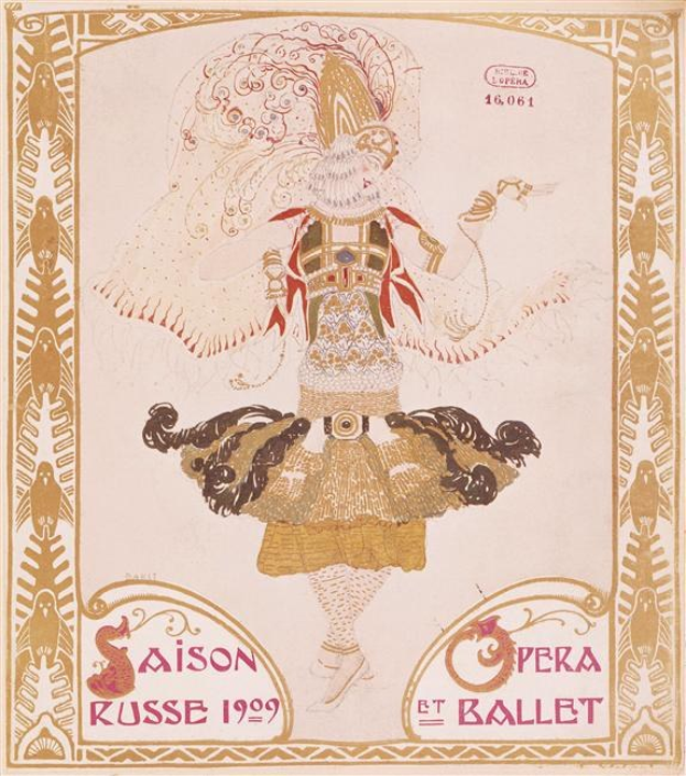 Plakat für eine 1909er Pariser Ballettvorstellung mit dem Titel "Saison Russe", das ein Gemälde eines Tänzers in einer anmutigen Pose mit der Aufschrift "Opera et Ballet" darüber zeigt.