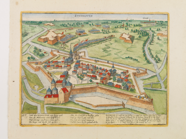 Ein altes, detailliertes Stadtplan von Eindhoven, Niederlande, zeigt Gebäude, Straßen, Bäume und Text auf Papier, der die Stadtlayout und historische und kulturelle Informationen bereitstellt.