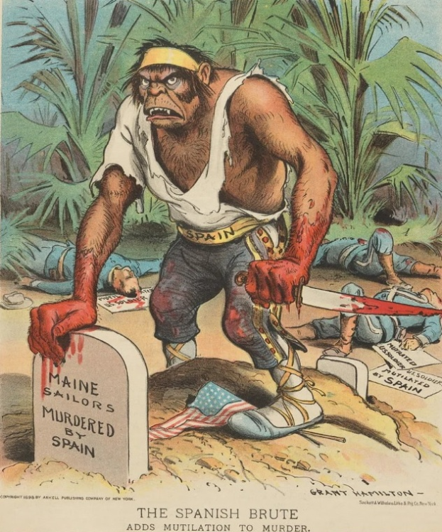 Ein Cartoon zeigt einen Mann mit einem Messer vor einem Grab mit Text, umgeben von Menschen auf dem Boden und Bäumen im Hintergrund; der Text unten lässt 'Der spanische Grobian fügt Verstümmelung zum Mord hinzu'.