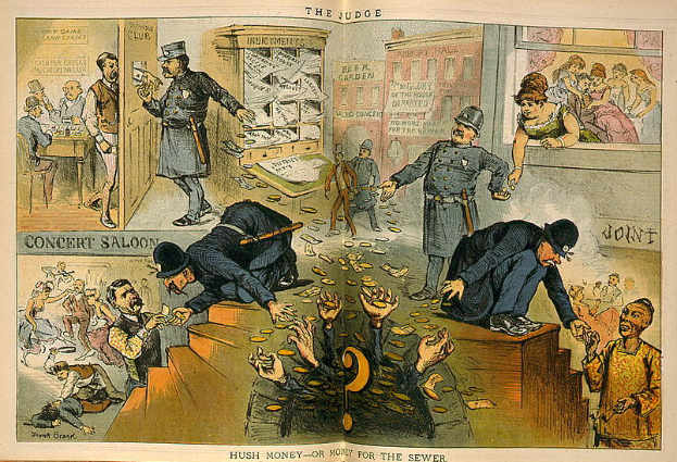 Eine Karikatur-Szene im Gerichtssaal mit einem Richter in der Mitte, der einen Stock und ein Buch hält, umgeben von stehenden und sitzenden Menschen, mit Papieren auf dem Boden, die "Schweigegeld oder Geld für die Kanalisation" lesen