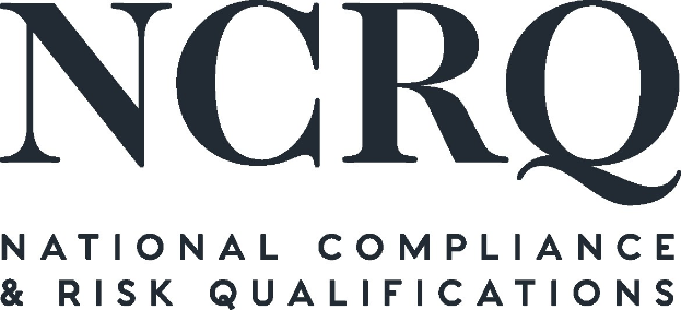 Weißer Hintergrund mit zentrierter fetter schwarzer Schrift "National Compliance & Risk Qualifications" in einem modernen Schriftart, umgeben von einem schmalen schwarzen Rand.