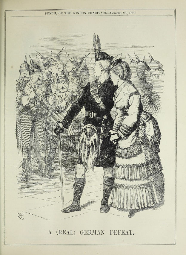 Ein Mann und eine Frau stehen auf einem Blatt Papier mit Wörtern und Zahlen, die möglicherweise eine deutsche Niederlage anzeigen, während der Mann einen Stock hält und sie einer Menge gegenüberstehen.