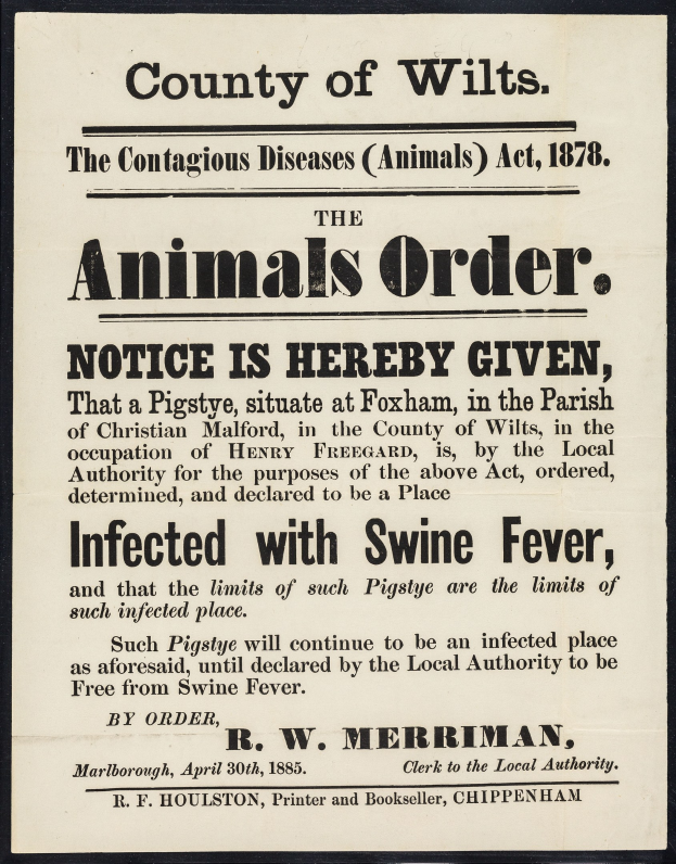 Plakat betitelt "Der Landkreis Wilts, das Gesetz über ansteckende Tierkrankheiten von 1878" mit Hinweis auf Schweinefieberinfektion.