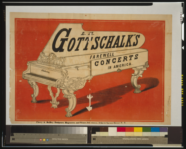 Ein Plakat für Gott'schalk's Abschiedskonzerte in Amerika, das ein Klavier mit darauf geschriebenem Text und Farbskalen am unteren Rand zeigt.