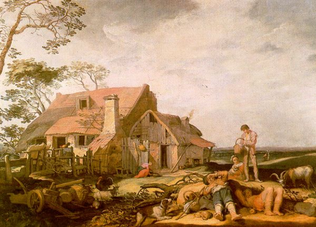 Ein Gemälde mit dem Titel 'Die Farmersfrau' von Jan Brueghel dem Älteren zeigt einen Mann und eine Frau vor einem Reetdachhaus, umgeben von Tieren, einem Karren, einem hölzernen Zaun, Bäumen und einem bewölkten Himmel.