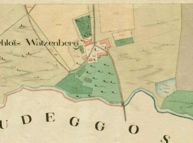 Detailiertes altes Stadtplan von Ludego, Deutschland, zeigt Straßen, Gebäude und Sehenswürdigkeiten mit Text zu Bevölkerung, Geschichte und Kultur.
