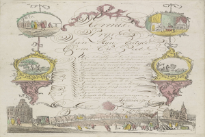 Offenes Buch mit detaillierter Stadtansicht, enthält Gebäude, Menschen, eine Brücke und andere Objekte sowie sichtbaren handgeschriebenen Text.