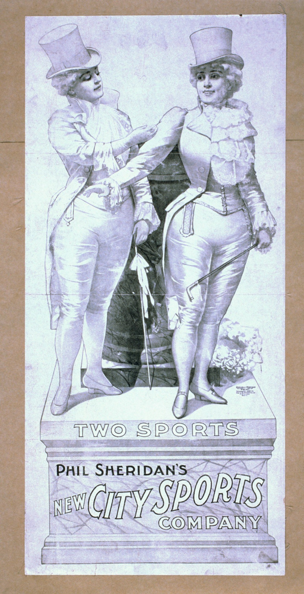 Plakat für die neue Sportfirma von Phil Sheridan mit zwei Personen nebeneinander und Werbetext.