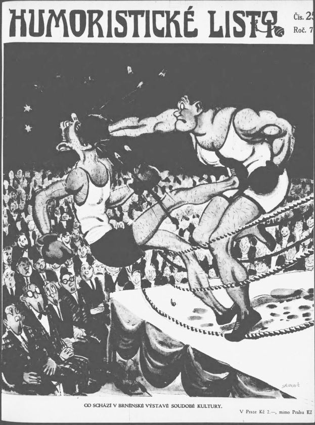 Schwarzer und weißer Cartoon von zwei Boxern im Ring mit Zuschauern, aus einem tschechoslowakischen Humorblatt.