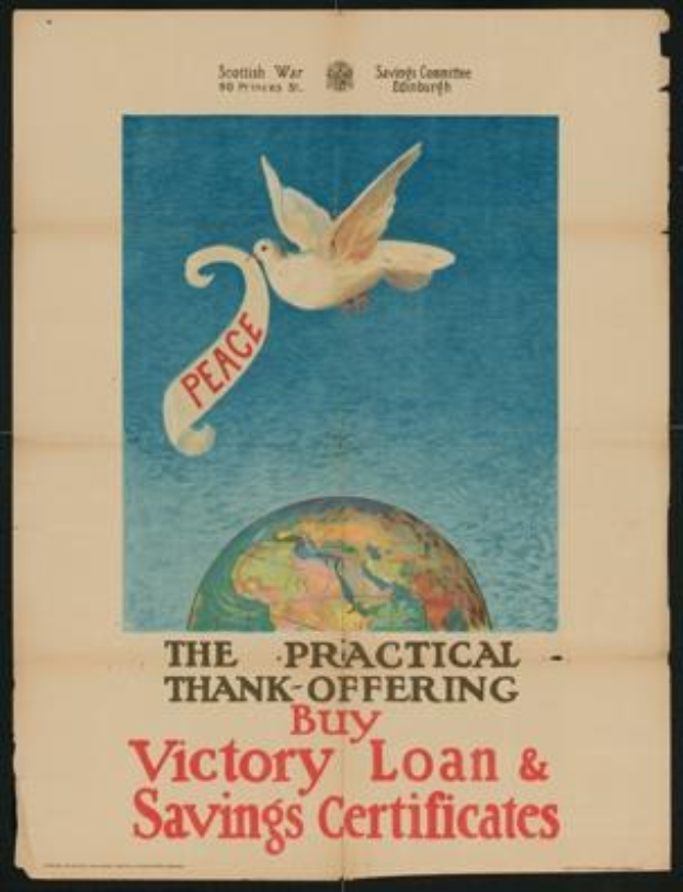 Plakat mit einem Vogel auf einer Weltkugel und Text zur Förderung von Kriegsanleihen und Sparkonten.