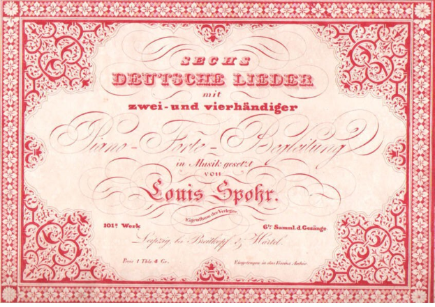 Altes deutsches Aktienzertifikat mit rotem Rand und weißem Hintergrund, betitelt mit "Louis Spohr - Zweites Deutsches Lieder".