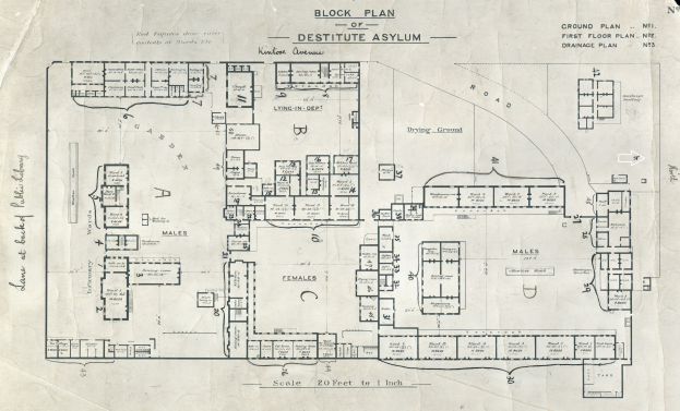 Architektonischer Grundriss eines Gebäudes mit mehreren Räumen, einschließlich eines detaillierten Blockplans eines notleidenden Asyls, annotiert mit Text, der das Layout beschreibt.