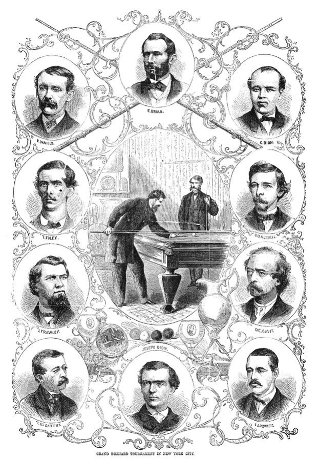 Eine Schwarz-Weiß-Zeichnung einer Gruppe von Männern, die Billard spielen, mit einem Mann, der steht und einen Queue hält, und einem Text unten, der "Großes Billardturnier in New York City" lautet.
