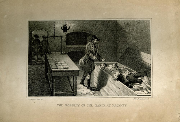 Ein Schwarz-Weiß-Bild eines Mannes mit einem Messer, der neben einem Bett mit zwei liegenden Personen steht, mit einem Tisch voller Gegenstände links und ein paar Menschen im Hintergrund; der Text "Der Überfall des Bäckers in Hackney" ist unten geschrieben.