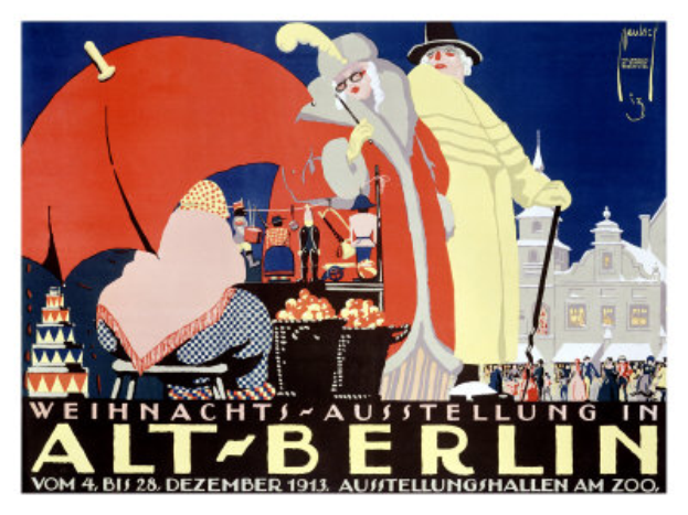 Ein Plakat, das eine Zirkusveranstaltung in Berlin, Deutschland, ankündigt, mit einer farbenfrohen Illustration von Menschen, Gebäuden und anderen Gegenständen und der Aufschrift "Weihnachts Ausstellung in Alt-Berlin" quer darüber.