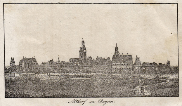 Eine Zeichnung einer Stadt mit einem zentralen Glockenturm, umgeben von Gebäuden, Bäumen und Gras, mit dem Text "Alterhof in Bayern" unten.