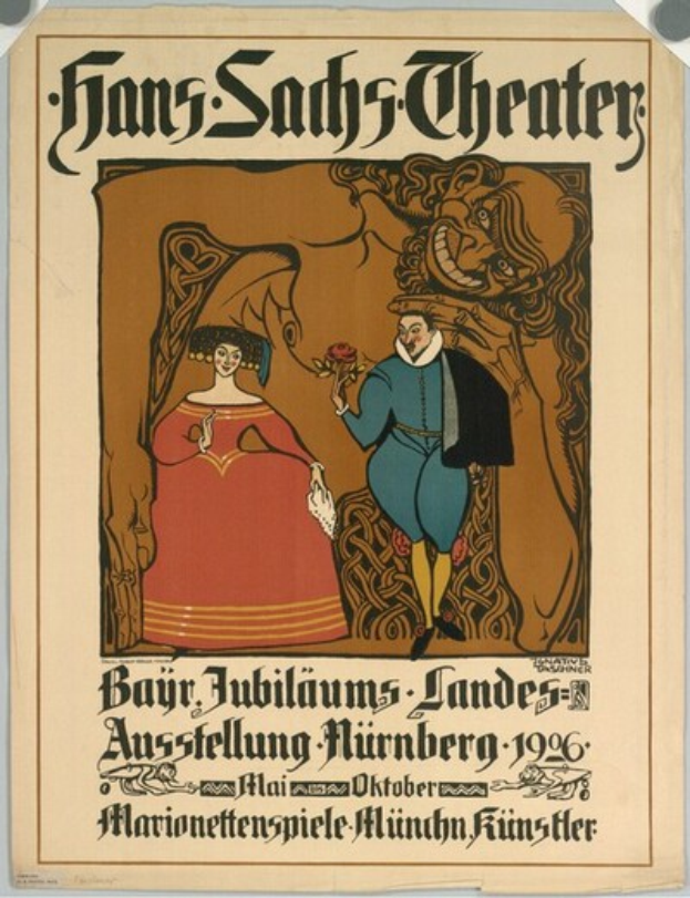 Ein Plakat für das Hans-Sachs-Theater in München, Deutschland, das einen Mann im Anzug und eine Frau im Kleid nebeneinander vor einem tiefblauen Hintergrund mit funkelnden Sternen zeigt.