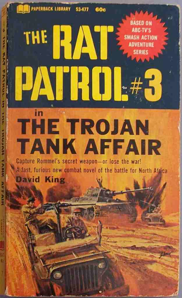 Ein Buchumschlag mit Armee-Panzern und Jeeps in einer KriegsSzene mit Text oberhalb der Illustration.