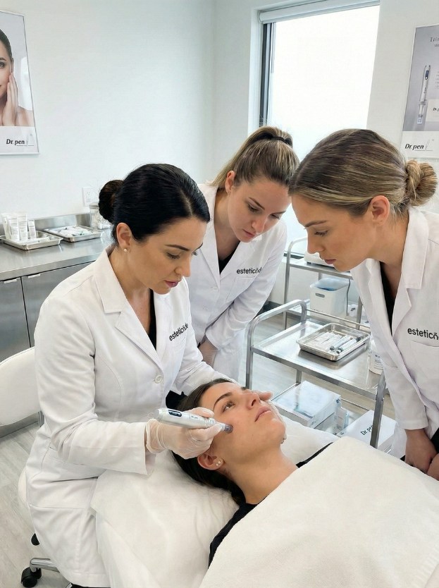 Ein modernes Kosmetikstudio: Drei Fachkräfte in professioneller Kleidung führen konzentriert eine Gesichtsbehandlung durch. Die Atmosphäre strahlt Präzision und Expertise aus, während fortschrittliche Hautpflegeverfahren zum Einsatz kommen.