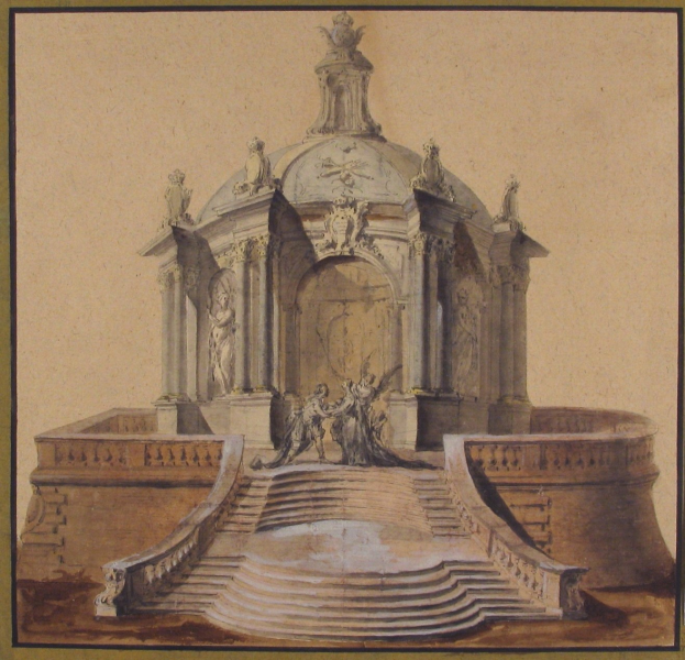 Ein gerahmtes Bild einer Brunnenfigur mit einer Statue darauf, umgeben von Stufen und Skulpturen im klassischen Stil.