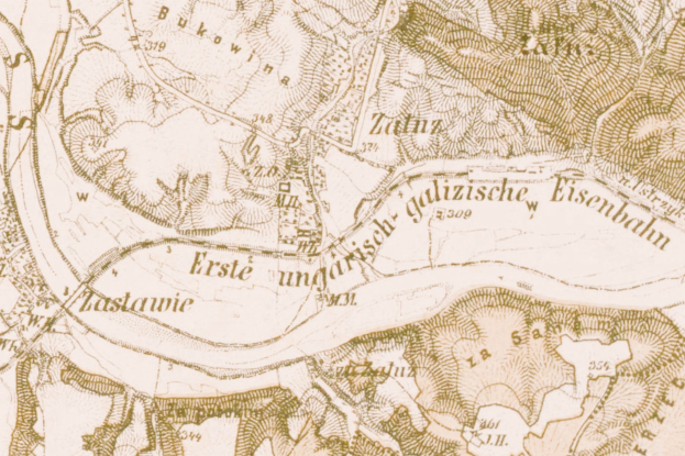Ein detaillierter alter Stadtplan von Eisenbahn, Deutschland, der Straßen, Gebäude und Sehenswürdigkeiten mit Textanmerkungen zeigt.