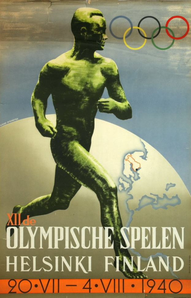 Plakat für die Olympischen Spiele 1940 in Helsinki mit einem Läufer mit einer Weltkugel im Hintergrund und dem Text "Olympische Spiele Helsinki 1940" oben drauf.