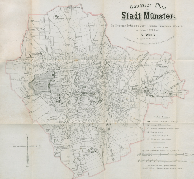 Ausführliche 1873-Karte der Stadt Münster, Deutschland, mit Textbeschriftungen, die das Stadtlayout zeigen.