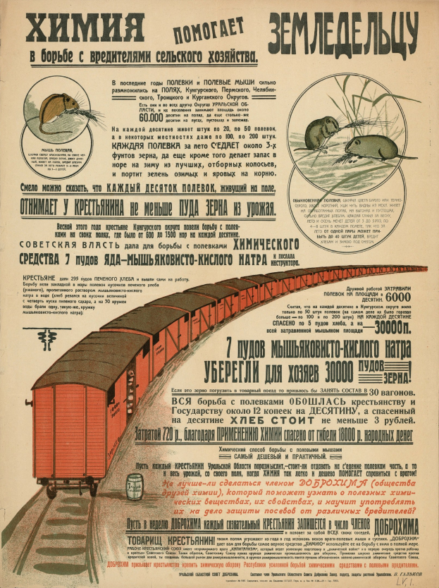 Alter russischer Propagandaplakat mit einem Cartoon-Zug auf Schienen mit bunten Ratten und fettem Kyrillisch-Text.