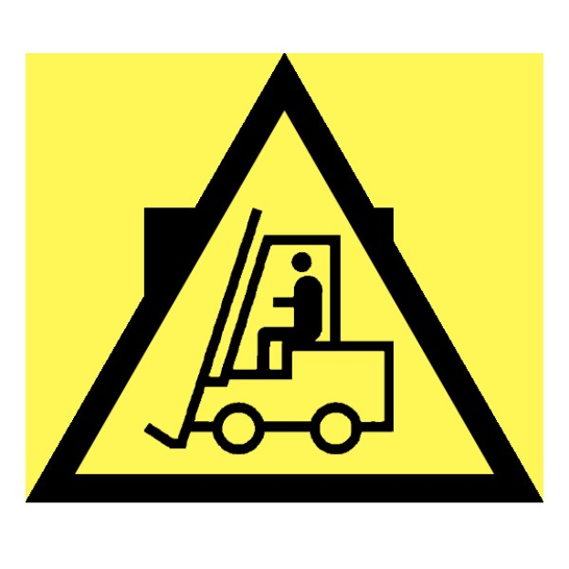 Warnschild mit einem gelben und schwarzen Hintergrund, das ein Gabelstapler-Illustration zeigt, was darauf hinweist, dass Gabelstapler in dem Gebiet nicht erlaubt sind.