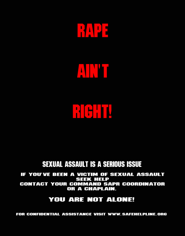 Ein Plakat mit fetter, schwarzer Schrift auf einem weißen Hintergrund, das "Vergewaltigung ist nicht in Ordnung: Sexualisierte Gewalt ist ein ernsthaftes Problem" lautet, eingerahmt von einem schwarzen Rand.
