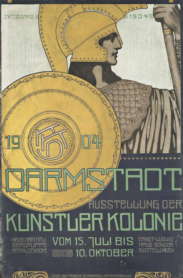 Plakat für ein 1904er Konzert in Berlin mit einer Person in einem Helm, die ein Schild hält, mit fetter Schrift «Darmstadt» und «Kuenstler Kolonie»