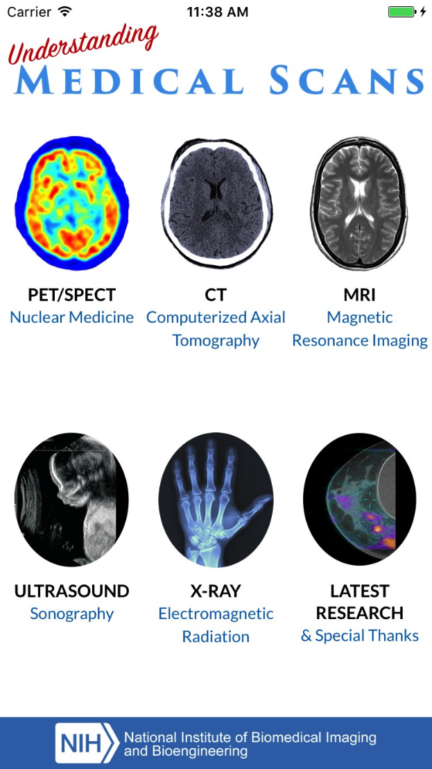 Mobiles Display zeigt "Medizinische Scans verstehen" mit einem Raster von etikettierten CT- und MRI-Bildern auf einem hellblauen Hintergrund.