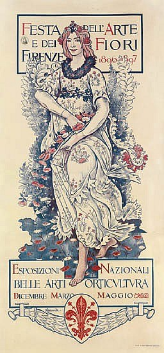 Plakat für ein italienisches Festival mit einer Frau in einem langen weißen Kleid mit hohem Kragen und einem Knoten, vor einem hellblauen Hintergrund mit fetter schwarzer Schrift.