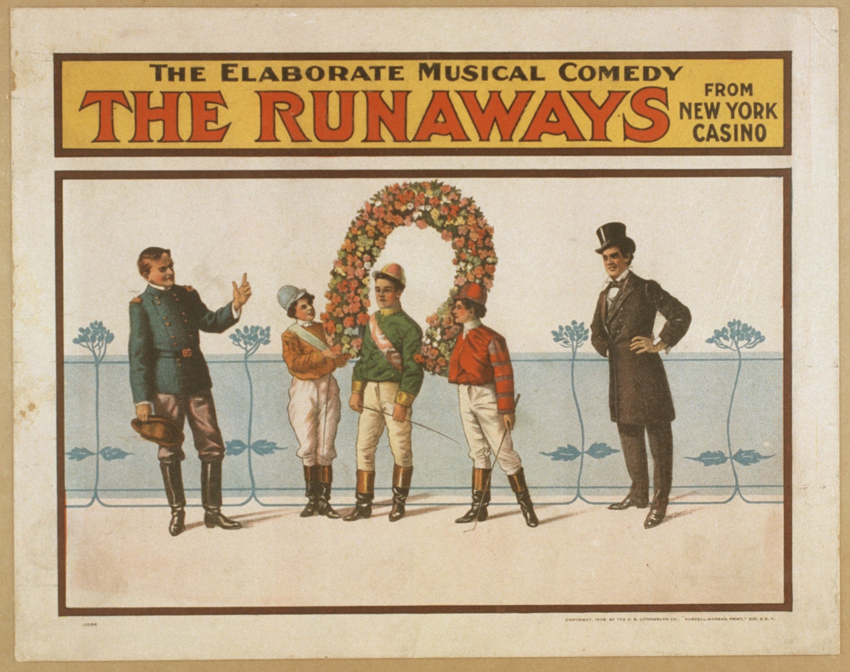 Plakat für "Elaborate Musical Comedy Runaways from New York Casino" mit einer Gruppe von Menschen in einer Reihe, von denen einer einen Blumenstrauß hält, und Werbetext.