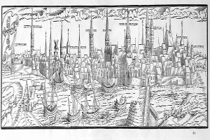 Schwarze und weiße Zeichnung von Hamburg, Deutschland, mit Booten auf dem Wasser und handgeschriebener Schrift auf dem Papier.