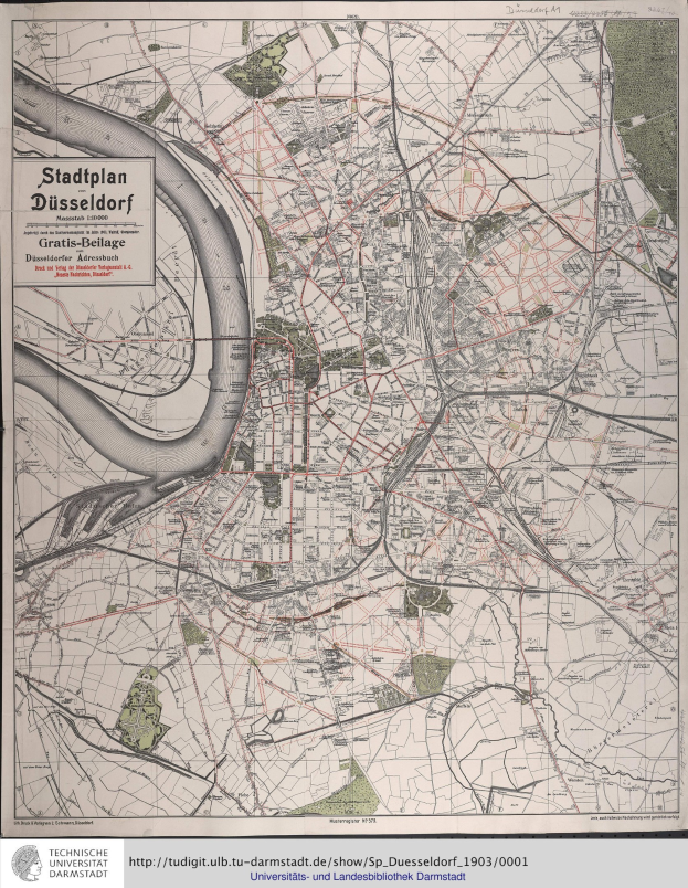 Ausführliche alte Karte von Düsseldorf, Deutschland, mit Straßen, Gebäuden und Sehenswürdigkeiten sowie Textangaben zur Bevölkerung, Straßen und weiterer Stadtinformationen.