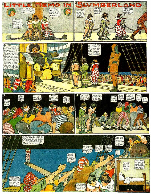 Ein Plakat mit einer Comicseite, die einen Mann in rot-weiß gestreiftem Hemd, blauer Mütze und roter Cape sowie eine Frau in orangefarbenem Kleid zeigt, vor einem hellgelben Hintergrund mit der schwarzen Schrift "Little Nemo in Slumberland".