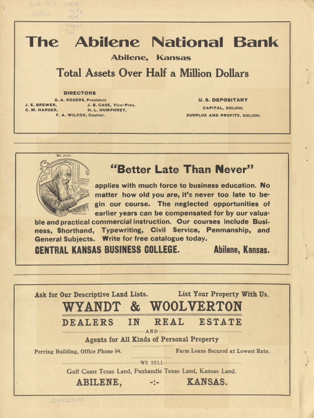 Eine alte Zeitungsannonce für die Abilene National Bank, die ein zentrales Bild einer Person und Text enthält, der die Dienstleistungen der Bank beschreibt.