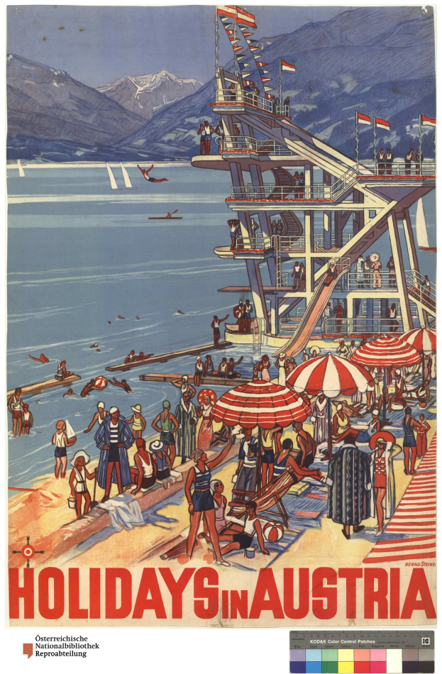 Plakat, das Ferien in Österreich bewirbt, zeigt Menschen am Strand mit Schirmen, einem Schiff im Hintergrund, Fahnen und fernen Bergen.