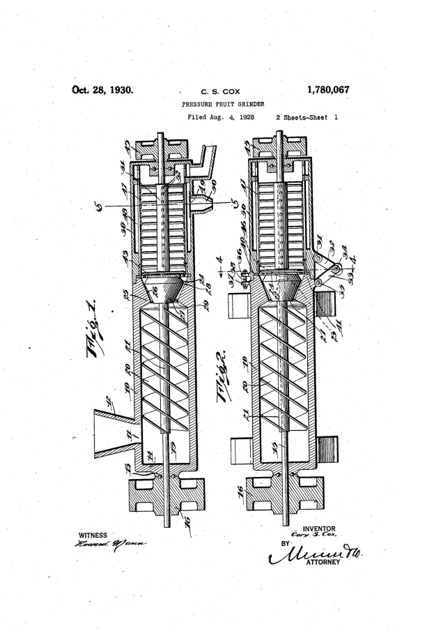 Schwarze-Weiß-Zeichnung eines hydraulischen Pumpenentwurfs mit dem Text "US Patent 1,780,077" und "Patent für eine hydraulische Pumpe" auf einem weißen Hintergrund.