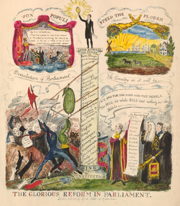 Eine bunte Papillemation mit dem Titel "Die glorreichen Reform in Parlament", die mutige Schriftarten, diverse fröhliche Menschen und detaillierte Symbole für Fortschritt und Hoffnung zeigt.
